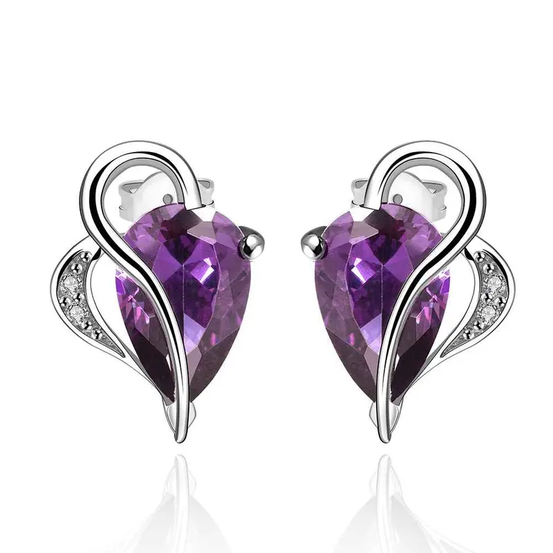 Silver Plated Earings Deep Violetta Heart Stud Brincos 182 2