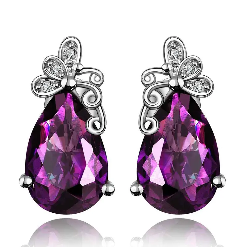 Silver Plated Earings Deep Violetta Heart Stud Brincos 182 3