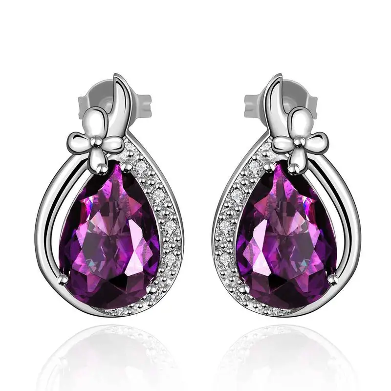 Silver Plated Earings Deep Violetta Heart Stud Brincos 182 4
