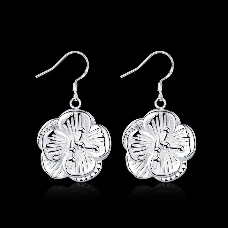 Silver Plated Earings Jewelry Flower Drop Pendientes 681 2