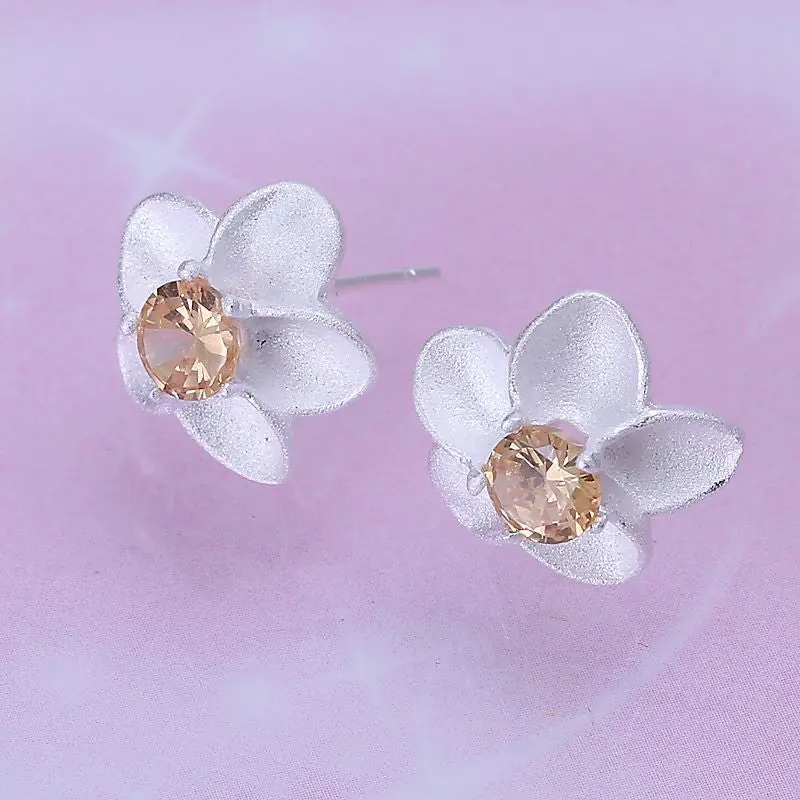 Silver Plated Earings White Flower Stud Pendientes Bear Joias 2
