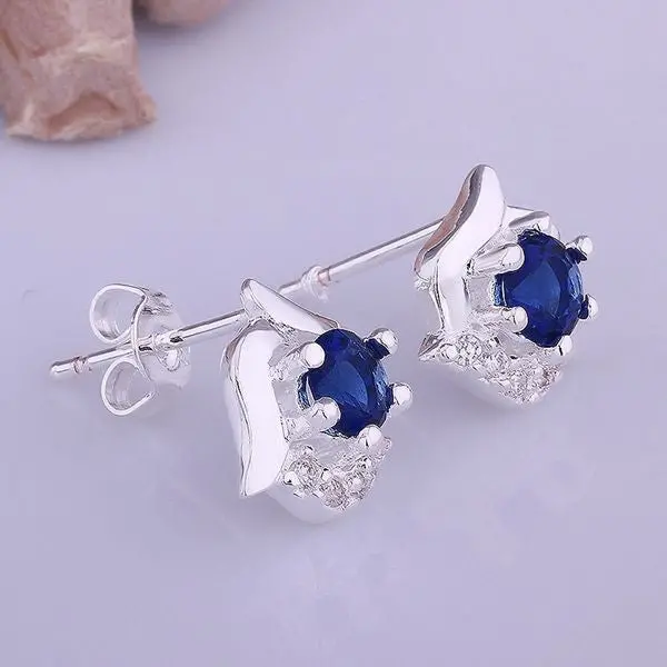 Silver Plated Earrings Blue Rose Flower Stud Pendientes Bear Bijoux Women 1