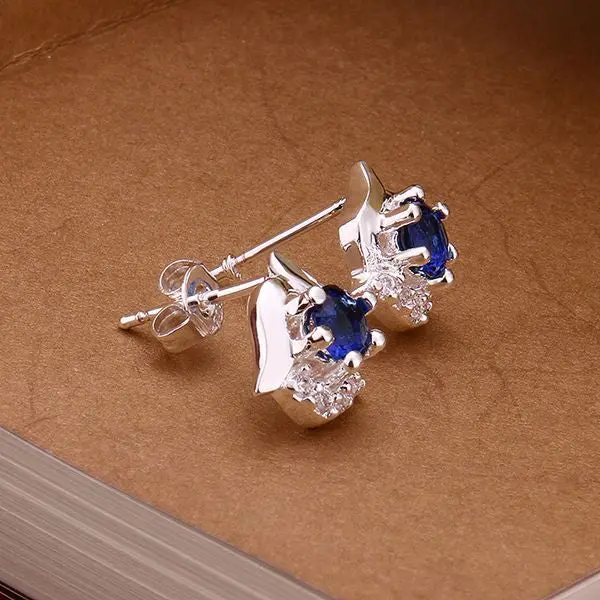 Silver Plated Earrings Blue Rose Flower Stud Pendientes Bear Bijoux Women 2