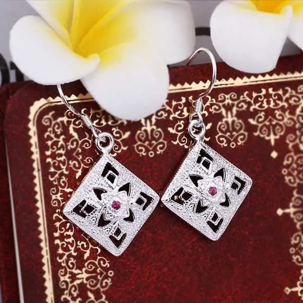 Silver Plated Earrings Flower Square Drop Orecchini Jewelry 1