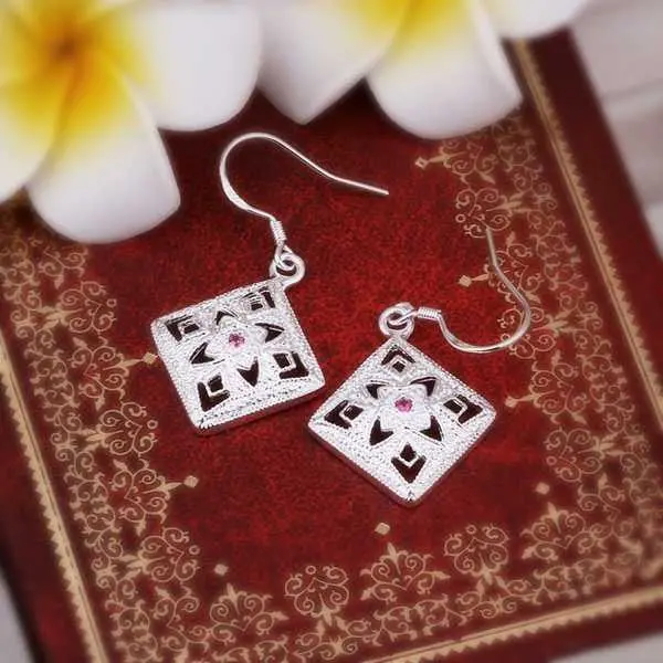 Silver Plated Earrings Flower Square Drop Orecchini Jewelry 2