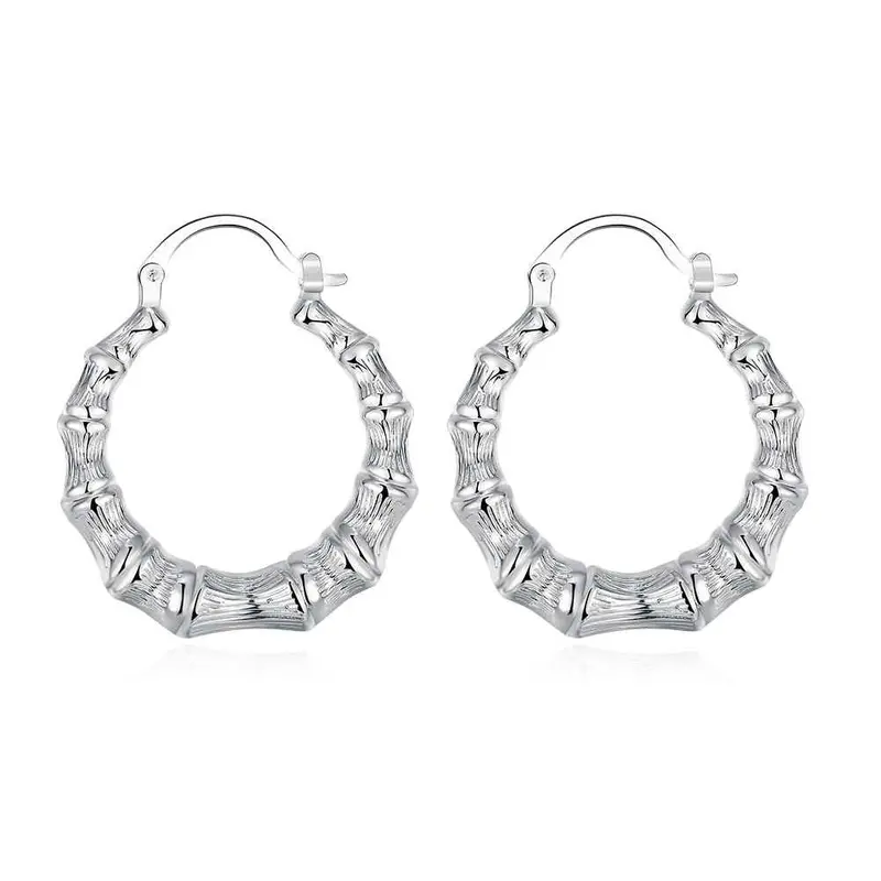 Silver Plated Earrings Hollow Round Bamboo Hoop Pendientes Bear Bijouterie 1