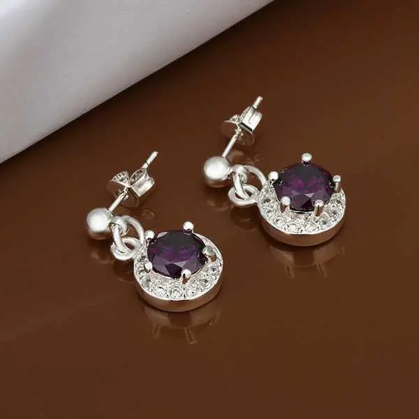Silver Plated Earrings Inlaid Purple Stone Stud Cuff Gift For Her 1