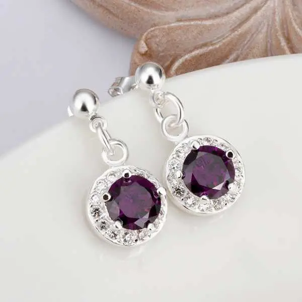 Silver Plated Earrings Inlaid Purple Stone Stud Cuff Gift For Her 2