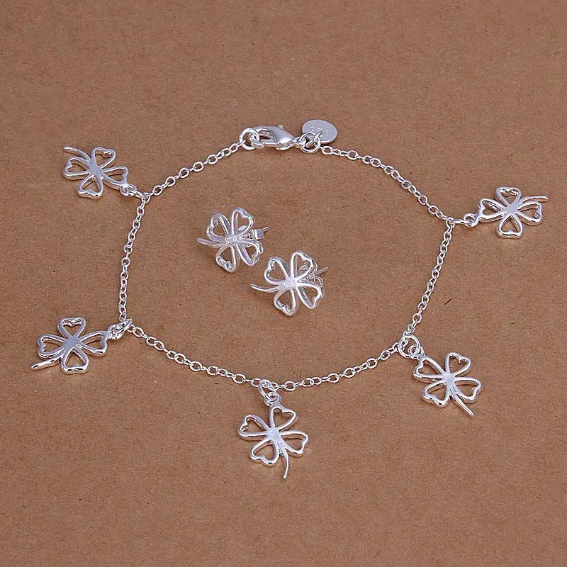 Silver Plated Flower Jewelry Sets Necklace Bracelet Bangle Earring Ring Frees Shipping Smts148 1