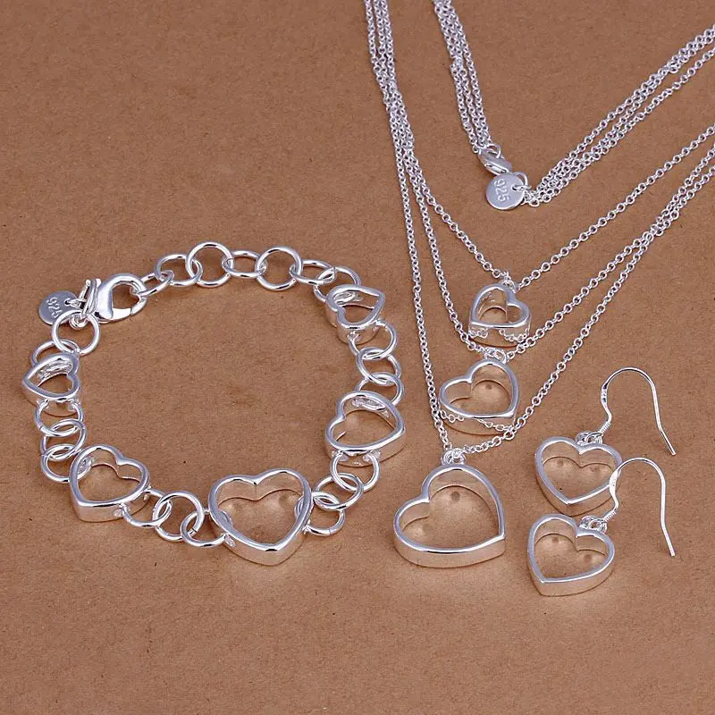 Silver Plated Heart Jewelry Sets Necklace Bracelet Bangle Earring Ring Smts149 1