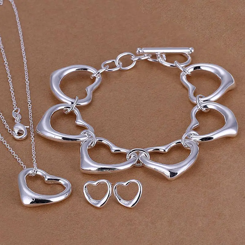 Silver Plated Heart Jewelry Sets Necklace Bracelet Bangle Earring Ring Smts167 1
