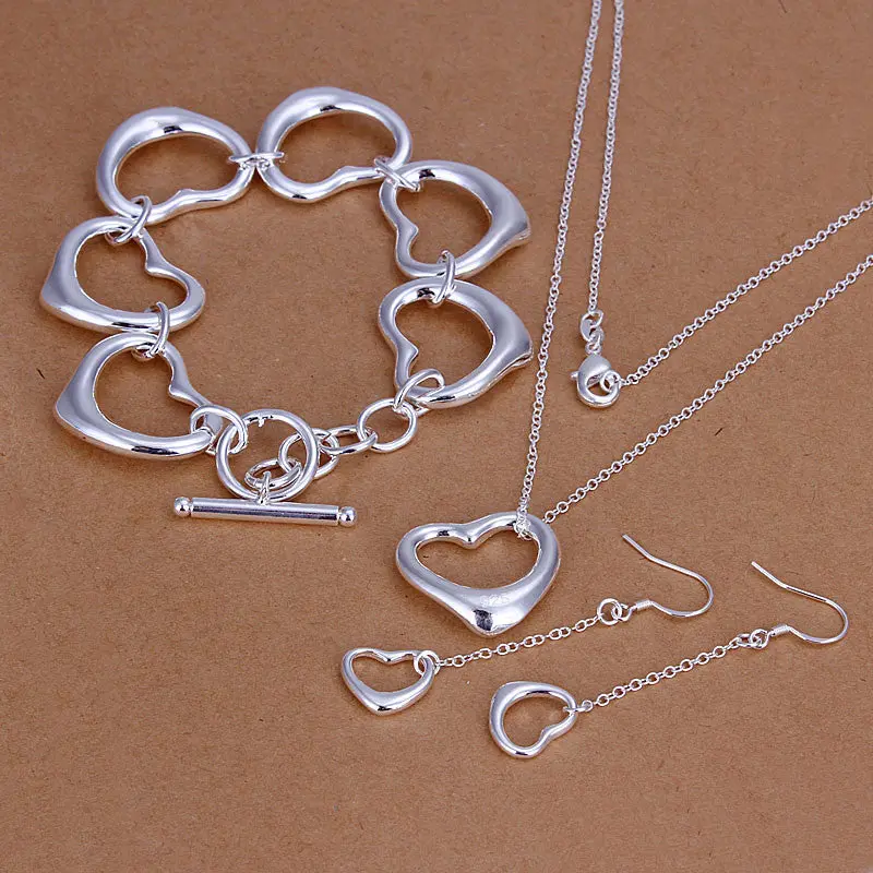 Silver Plated Heart Jewelry Sets Necklace Bracelet Bangle Earring Ring Smts168 1