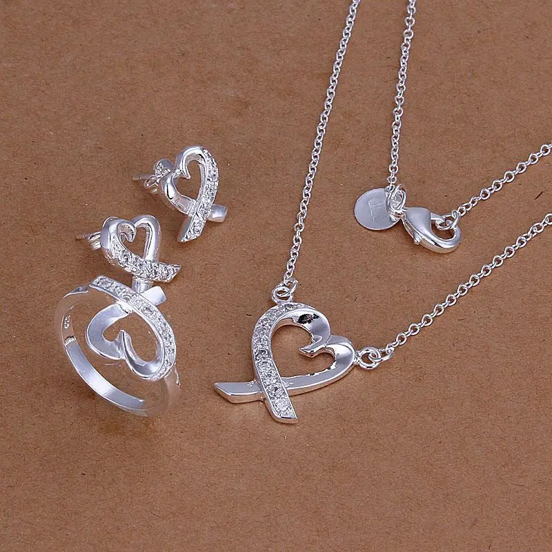 Silver Plated Heart Jewelry Sets Necklace Bracelet Bangle Earring Ring Smts2 4 1