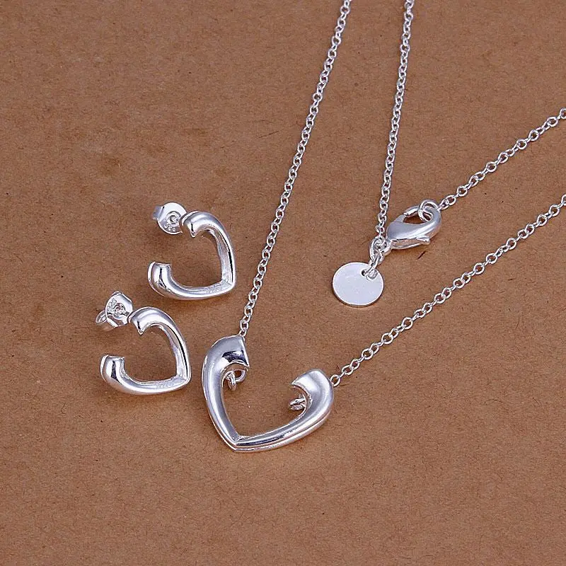 Silver Plated Jewelry Jewelry Set Open Heart Necklace&Earring Margarida 1