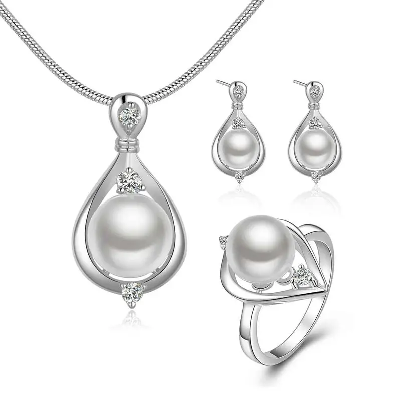 Silver Plated Jewelry Set Big Imitation Pearl Necklace+Earrings+Rings Sets 58 1
