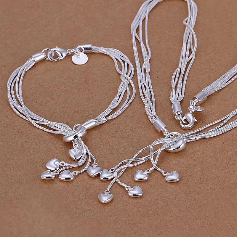 Silver Plated Jewelry Set Charm Taiji 5 Heart Pendant Silver Necklace Bracelet Smts  9 1