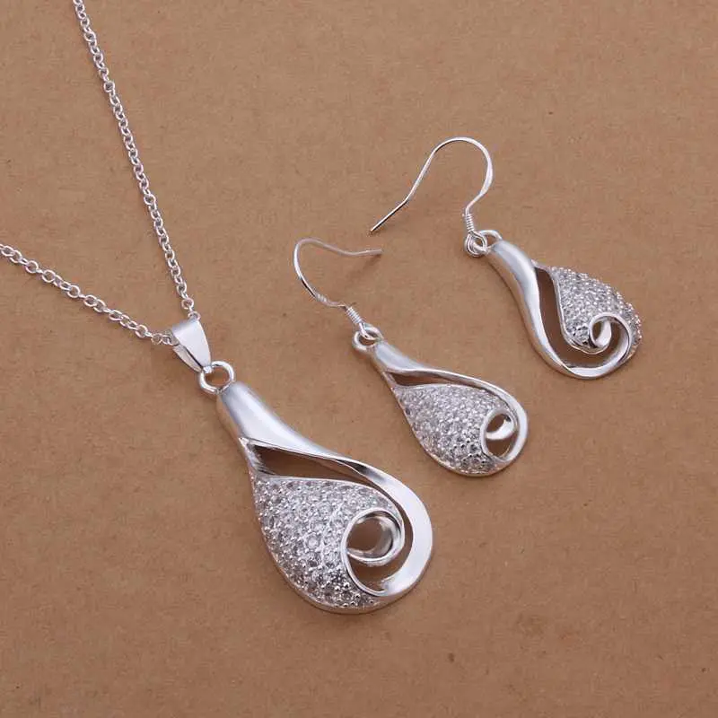 Silver Plated Jewelry Set Fine Charms Zircon Silver Jewelry Sets Necklace Earring Smts361 1