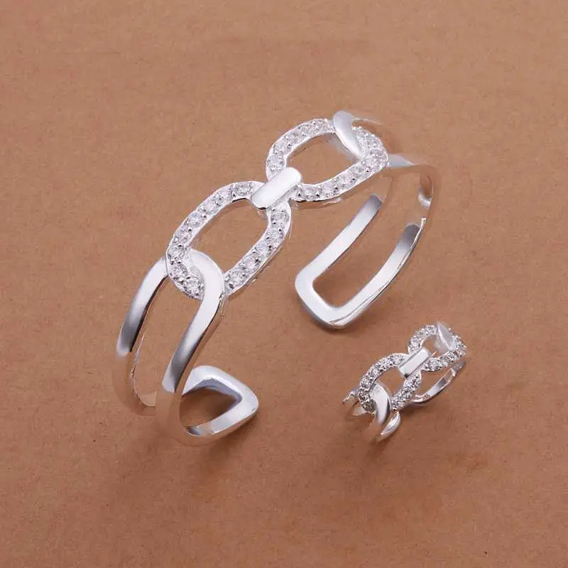 Silver Plated Jewelry Set Fine Zircon Charm Pendant Silver Jewelry Sets Bangle Ring Smts41 1