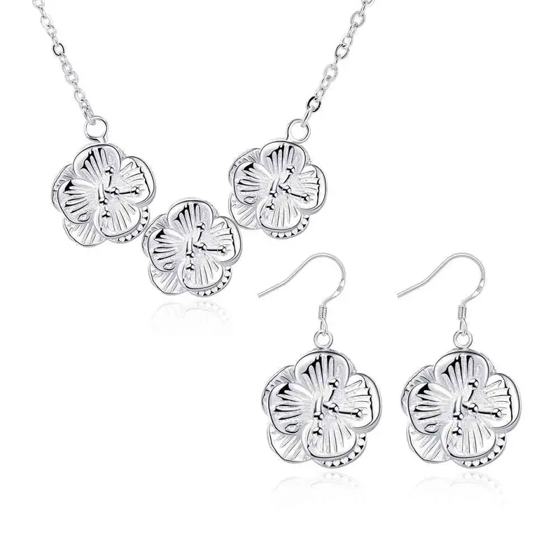 Silver Plated Jewelry Set Flower Necklace + Earrings Sets Bijouterie 93 1