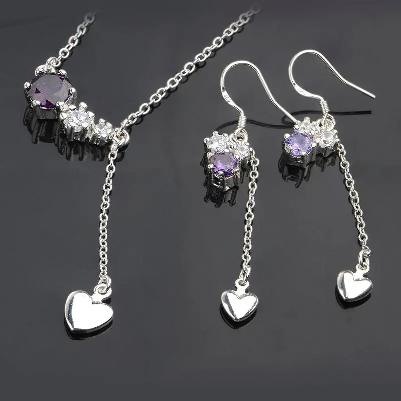 Silver-Plated Jewelry Set Purple Drop Heart E+N Bone 1