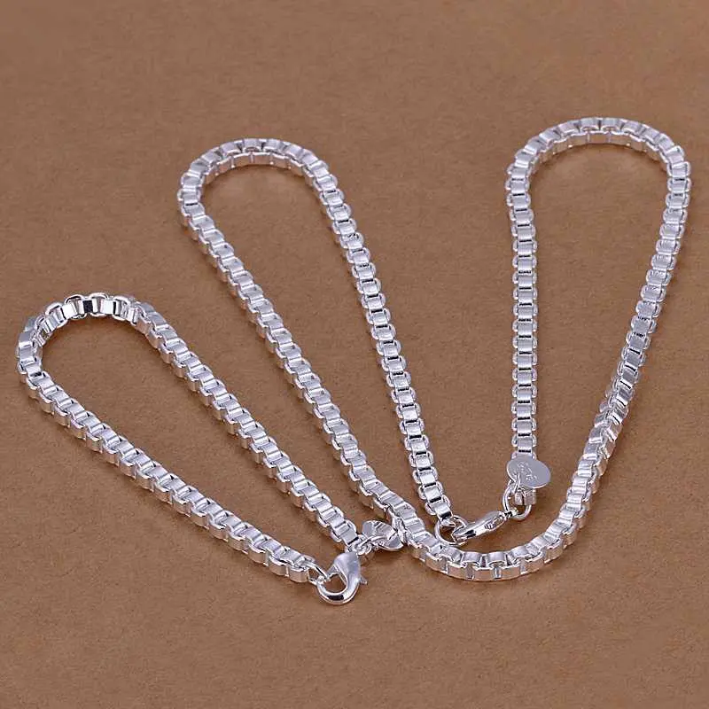 Silver Plated Jewelry Set Round Grid Necklae&Bracelet Sets Charm 34 1