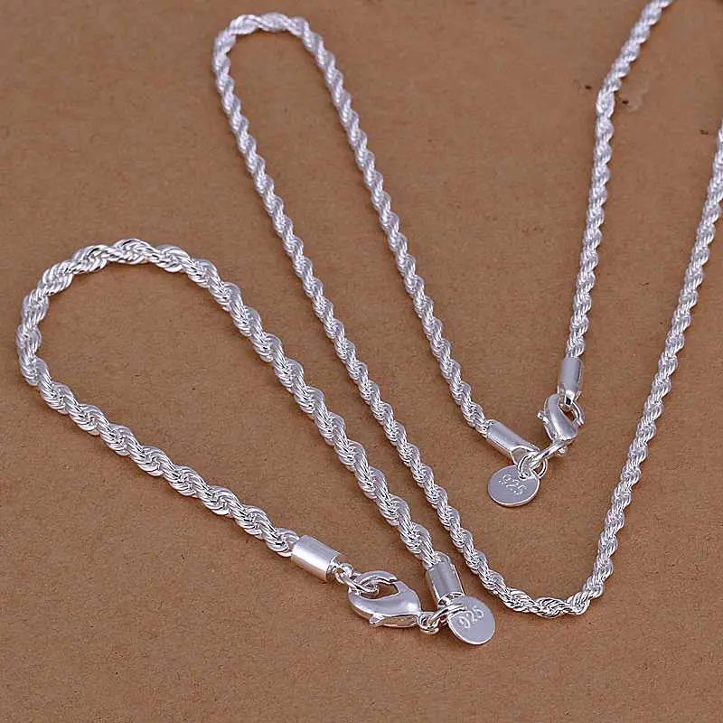 Silver Plated Jewelry Set Round Grid Necklae&Bracelet Sets Charm 34 2