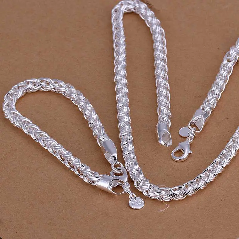 Silver Plated Jewelry Set Round Grid Necklae&Bracelet Sets Charm 34 4