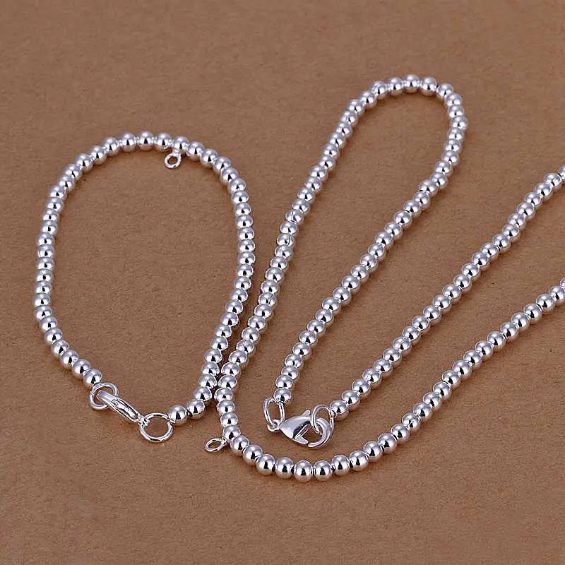 Silver Plated Jewelry Set Round Grid Necklae&Bracelet Sets Charm 34 5