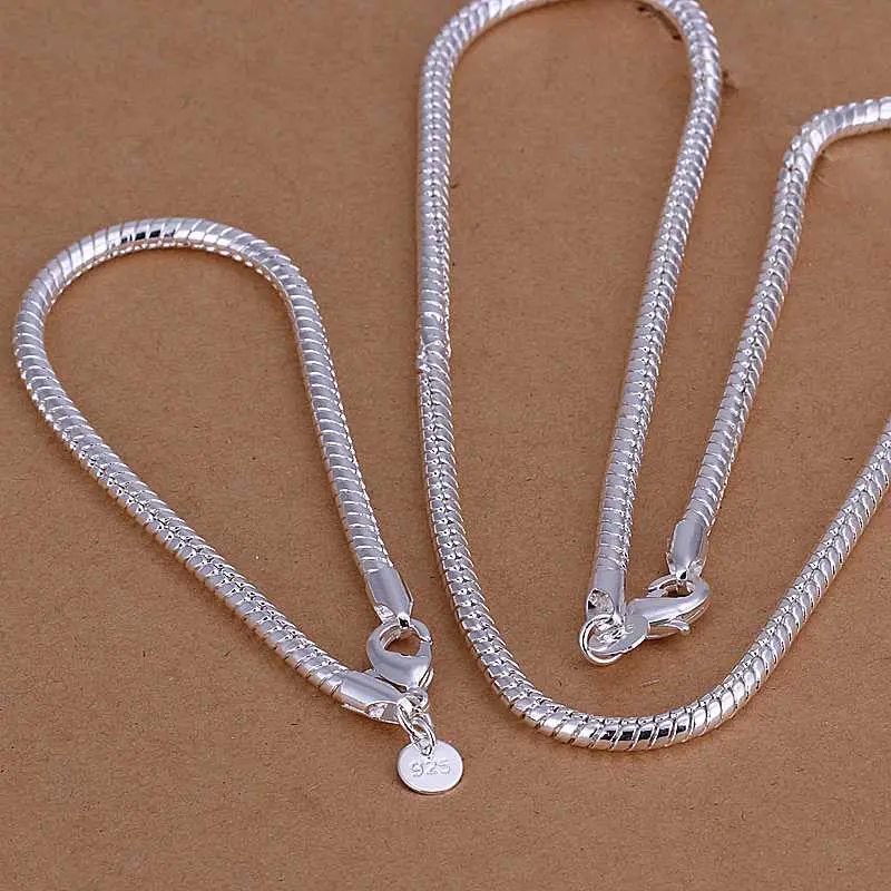 Silver Plated Jewelry Set Round Grid Necklae&Bracelet Sets Charm 34 6