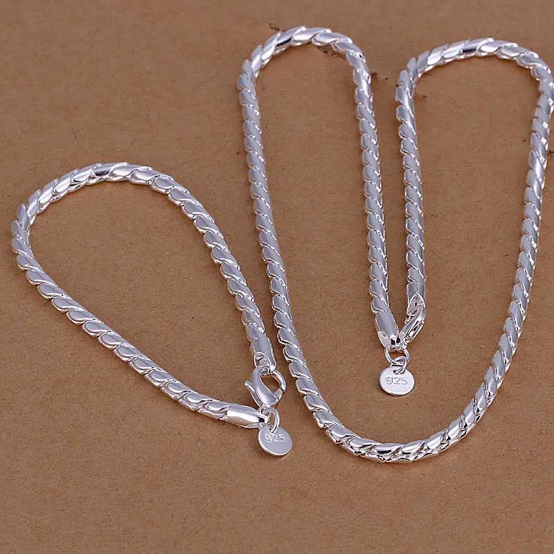 Silver Plated Jewelry Set Round Grid Necklae&Bracelet Sets Charm 34 7