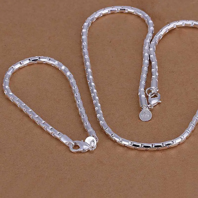 Silver Plated Jewelry Set Round Grid Necklae&Bracelet Sets Charm 34 9