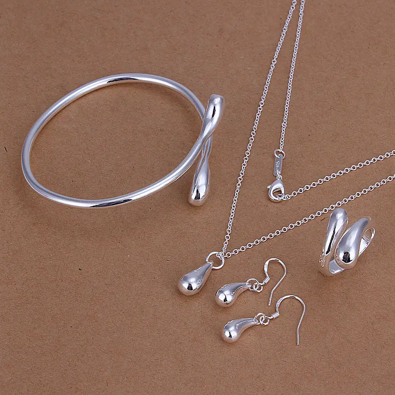 Silver Plated Jewelry Set Waterdrops Necklace&Bangle&Earring&Ring Jewellery 1