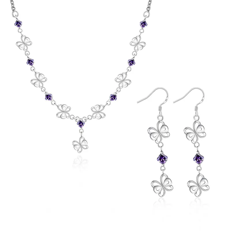 Silver Plated Jewelry Sets Butterfly Necklace Earrings Bracelet African Jewelry Set Charms 17 2
