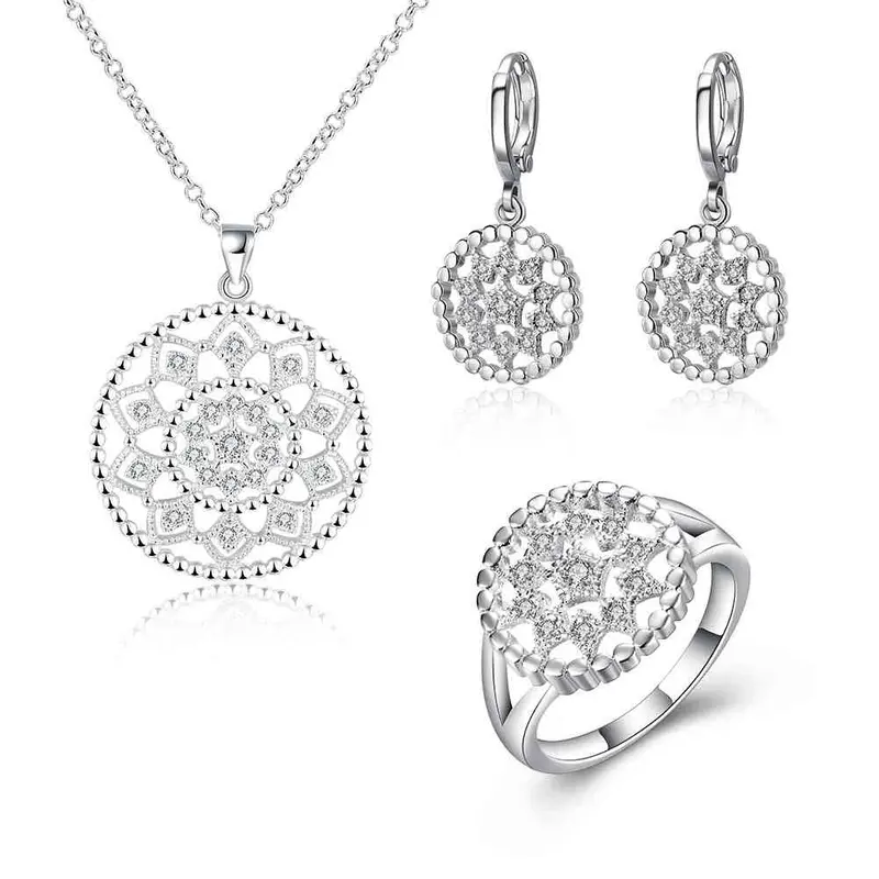 Silver Plated Jewelry Sets Circle Star Ring+ Necklace+Earrings Sets 25 1