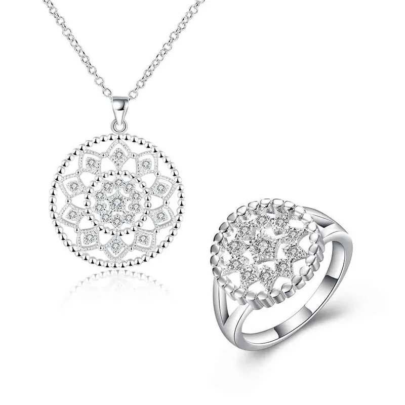 Silver Plated Jewelry Sets Circle Star Ring+ Necklace+Earrings Sets 25 3