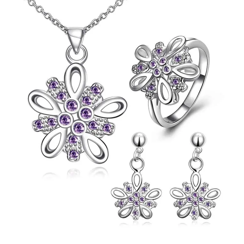 Silver Plated Jewelry Sets Purple Flower Necklace Ring Earrings Sets Bone 47 1