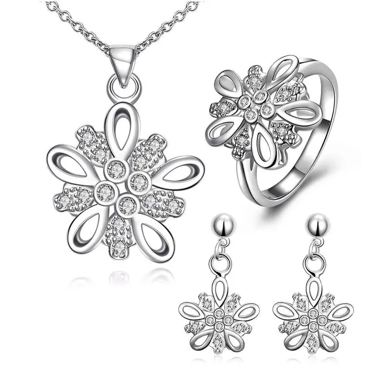Silver Plated Jewelry Sets Purple Flower Necklace Ring Earrings Sets Bone 47 2