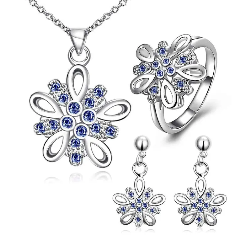 Silver Plated Jewelry Sets Purple Flower Necklace Ring Earrings Sets Bone 47 3