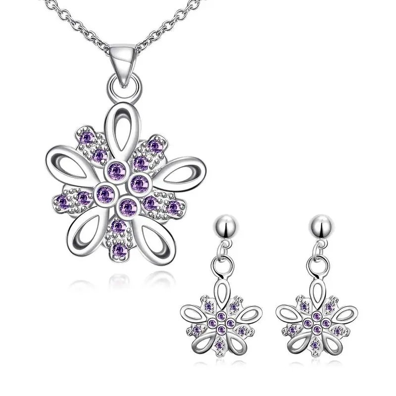 Silver Plated Jewelry Sets Purple Flower Necklace Ring Earrings Sets Bone 47 4