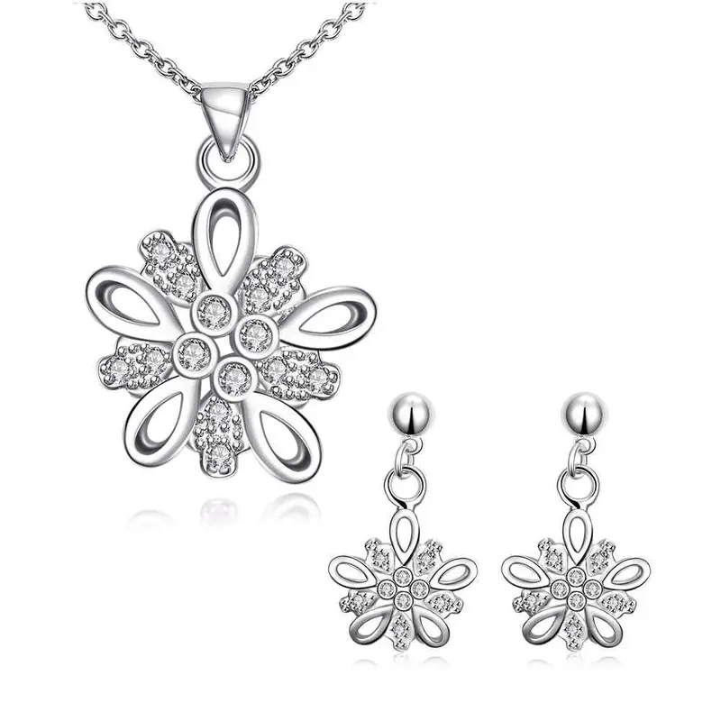 Silver Plated Jewelry Sets Purple Flower Necklace Ring Earrings Sets Bone 47 5