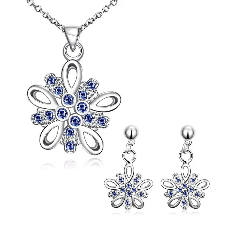 Silver Plated Jewelry Sets Purple Flower Necklace Ring Earrings Sets Bone 47 6