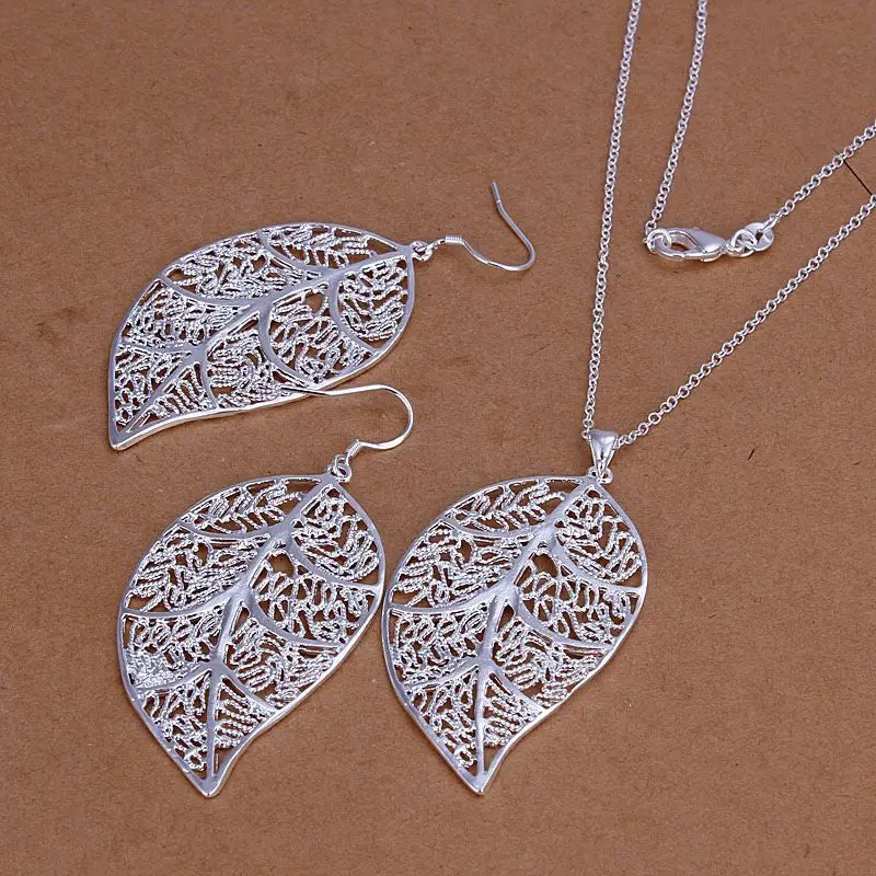 Silver Plated Leaf Jewelry Sets Necklace Bracelet Bangle Earring Ring Smts18 1