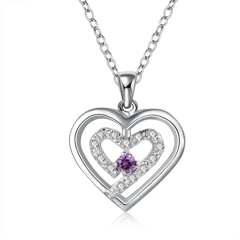 Silver Plated Necklace Women Two Heeart Stone Purple Big Necklace Bijoux 16 1