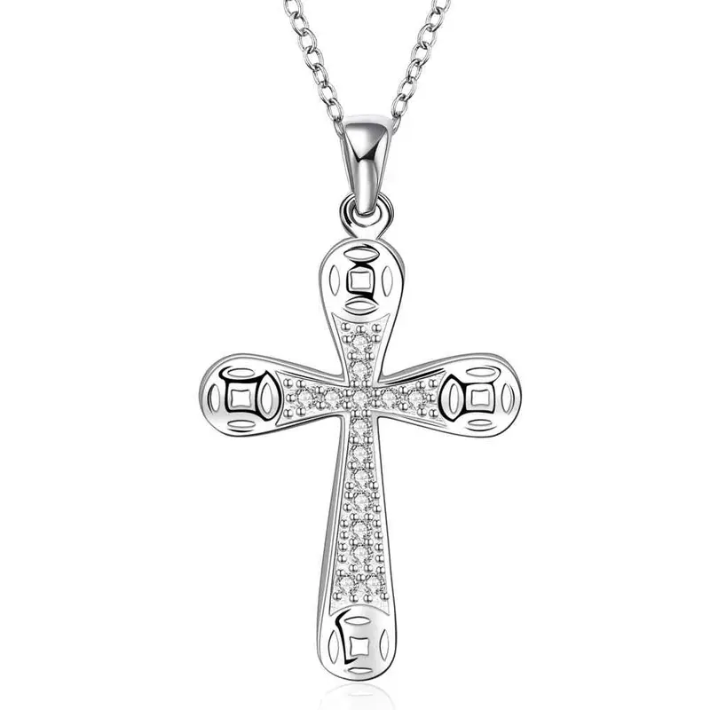Silver Plated Necklace Women White Mediate Cross Collane Collier Plastron Femme111 7