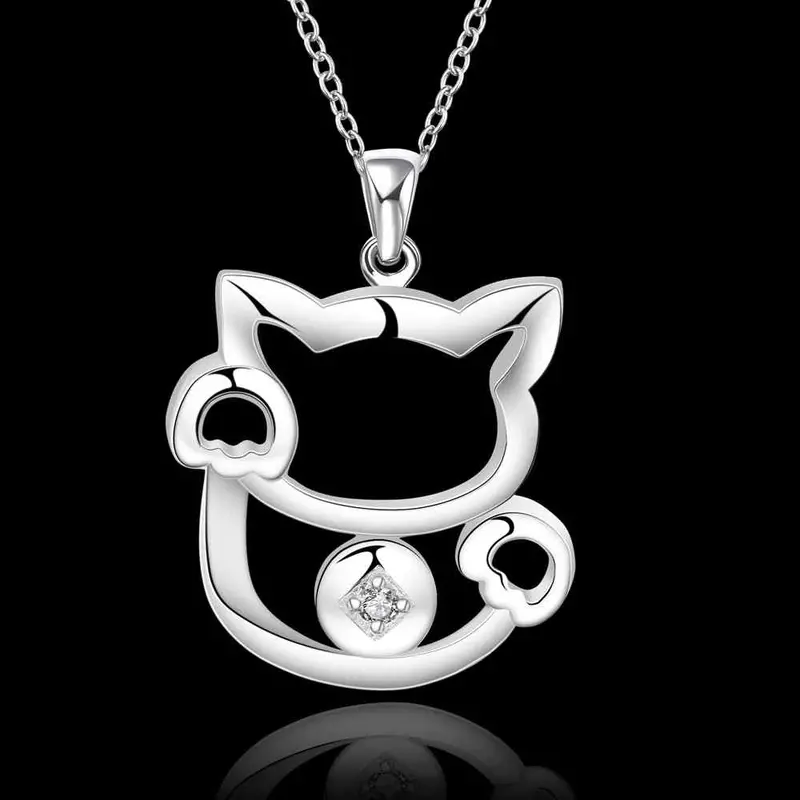 Silver Plated Necklaces Cat Cute Collier Plastron Charm 2