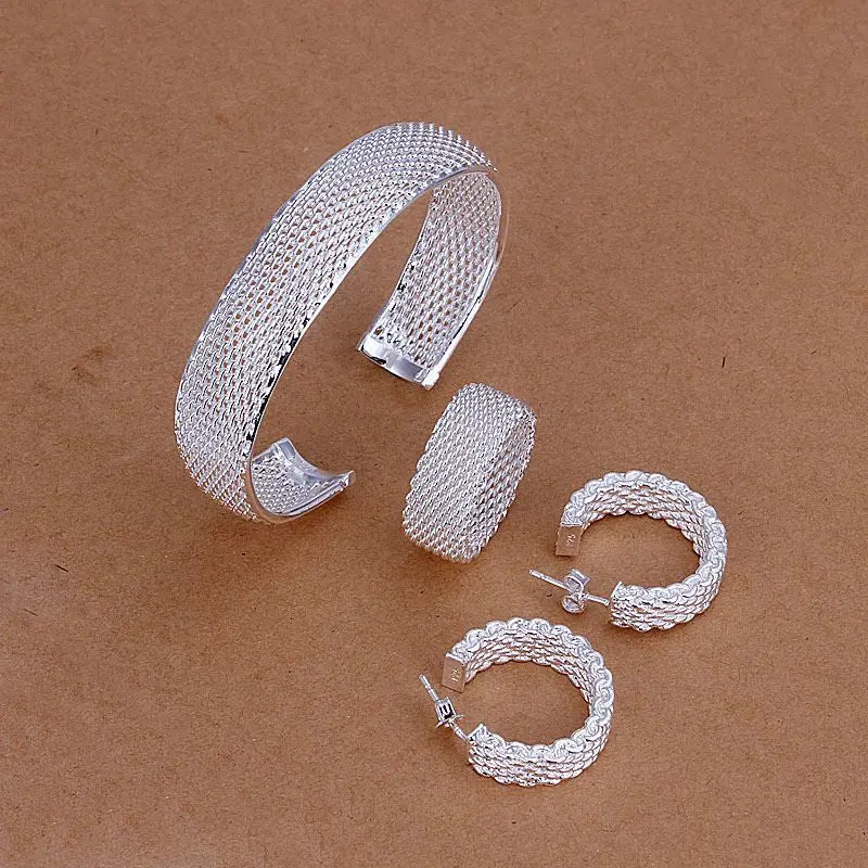 Silver Plated Net Jewelry Sets Necklace Bracelet Bangle Earring Ring Smts249 1
