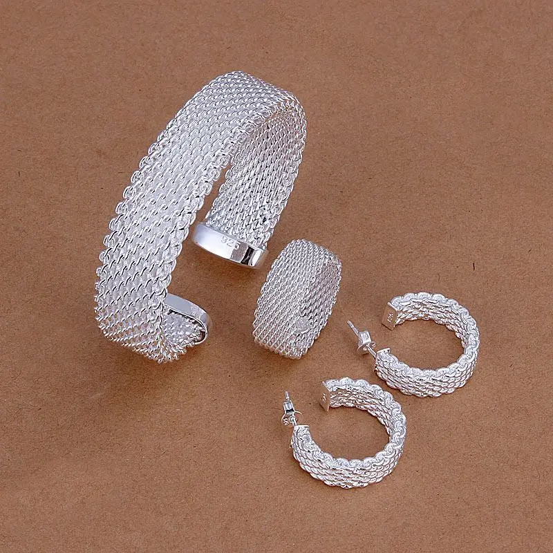 Silver Plated Net Jewelry Sets Necklace Bracelet Bangle Earring Ring Smts275 1