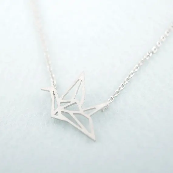 Silver Plated Origami Crane Pendant Necklaces Simple Animal Bird Long Chain Necklaces Gifts 10Pcs-N006 1