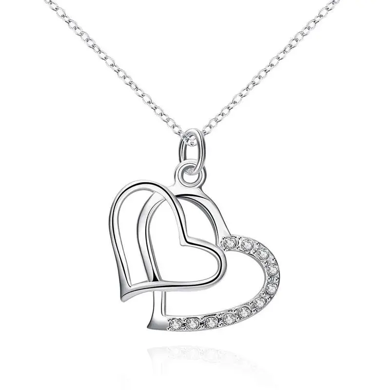 Silver Plated Pendant Insets Double Heart Collier 1