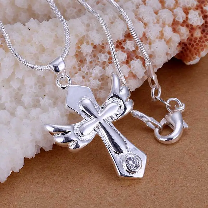 Silver Plated Pendant Necklace Big Wings Cross Perfume Women Fine Jewelry 10